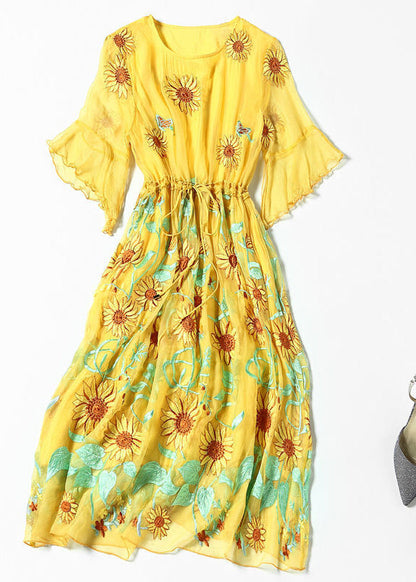 Women Yellow Daisy Embroideried Tie Waist Silk Vacation Dresses Flare Sleeve