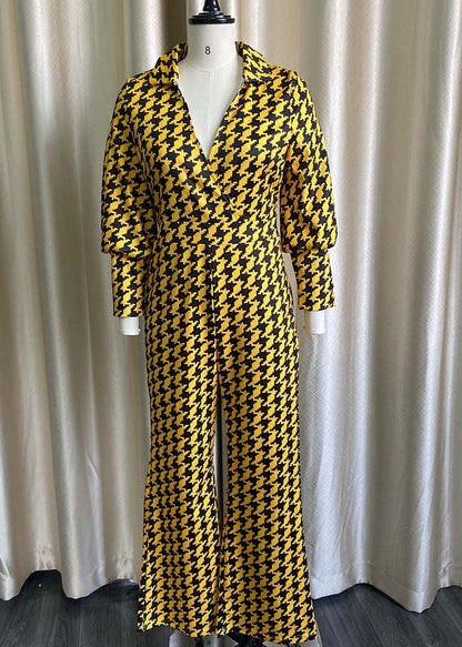 Women Yellow Patchwork Print High Waist Jumpsuit Fall