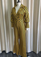 Women Yellow Patchwork Print High Waist Jumpsuit Fall