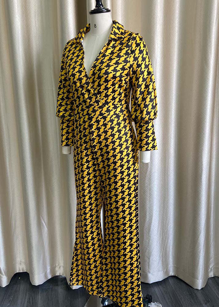 Women Yellow Patchwork Print High Waist Jumpsuit Fall