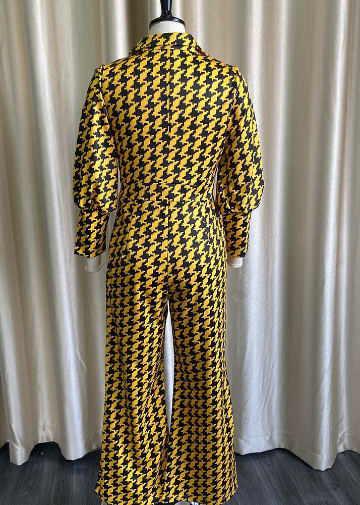 Women Yellow Patchwork Print High Waist Jumpsuit Fall