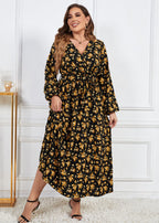 Women Yellow V Neck Print Patchwork Chiffon Dress Fall