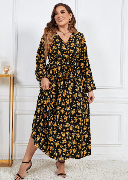 Women Yellow V Neck Print Patchwork Chiffon Dress Fall