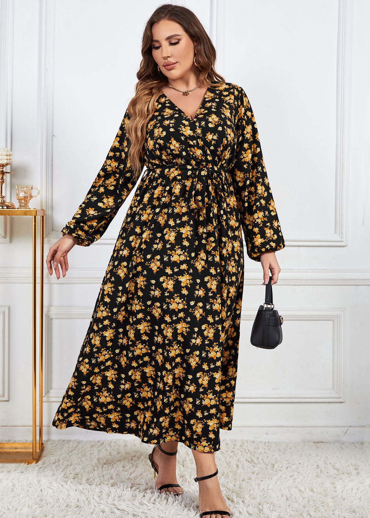 Women Yellow V Neck Print Patchwork Chiffon Dress Fall