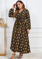 Women Yellow V Neck Print Patchwork Chiffon Dress Fall