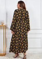 Women Yellow V Neck Print Patchwork Chiffon Dress Fall