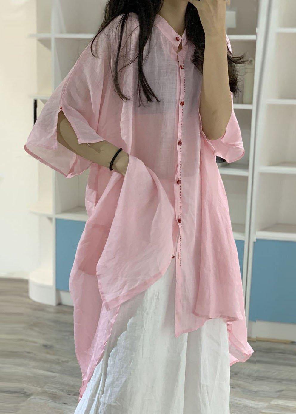 Women asymmetric hem linen clothes Christmas Gifts pink stand collar shirt Dresses