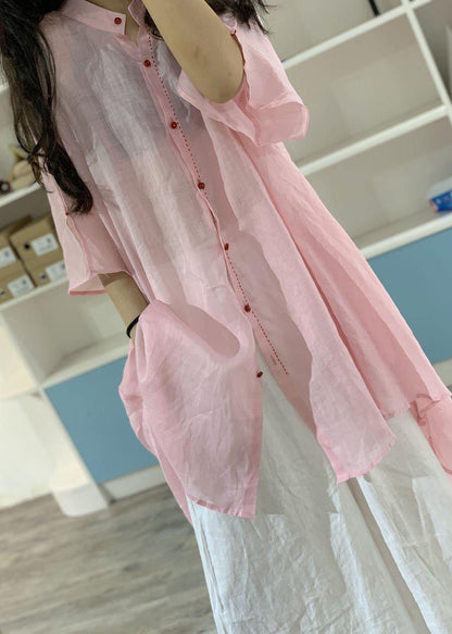 Women asymmetric hem linen clothes Christmas Gifts pink stand collar shirt Dresses