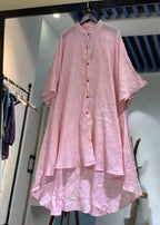 Women asymmetric hem linen clothes Christmas Gifts pink stand collar shirt Dresses