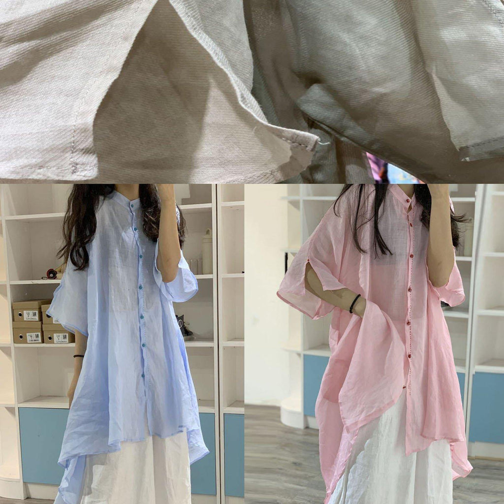 Women asymmetric hem linen clothes Christmas Gifts pink stand collar shirt Dresses