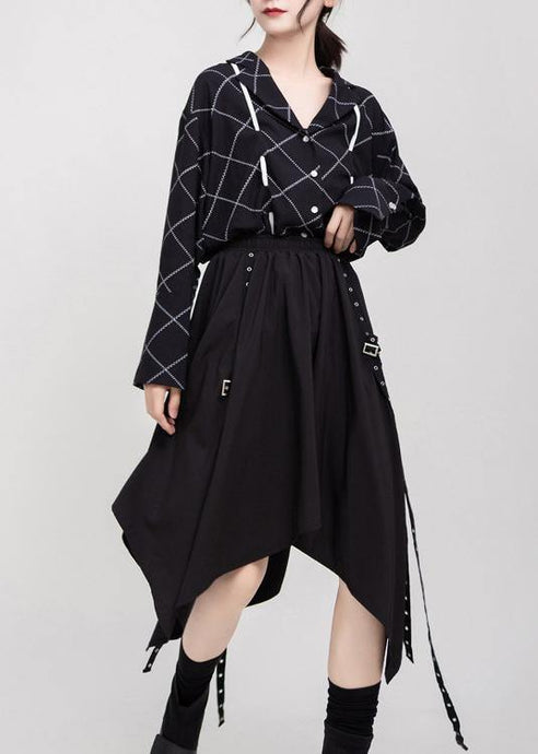 Women black cotton clothes elastic waist asymmetric Dress