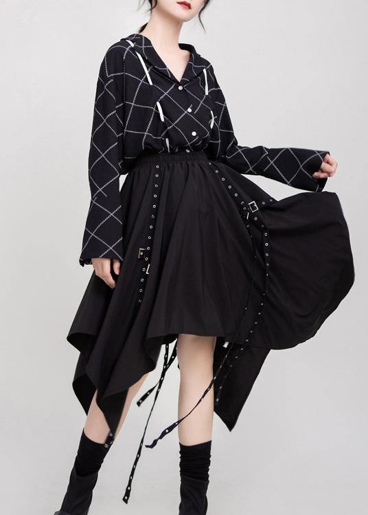 Women black cotton clothes elastic waist asymmetric Dress