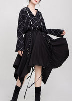 Women black cotton clothes elastic waist asymmetric Dress