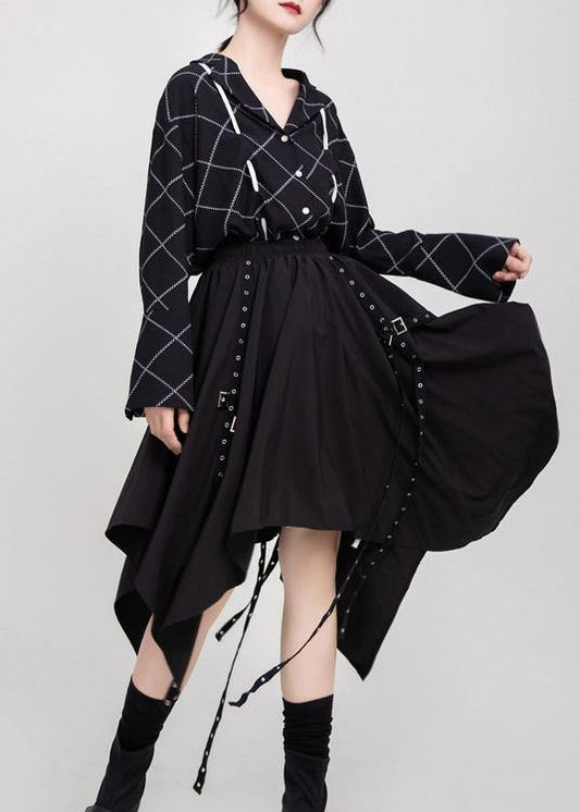 Women black cotton clothes elastic waist asymmetric Dress