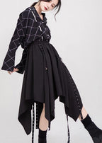 Women black cotton clothes elastic waist asymmetric Dress