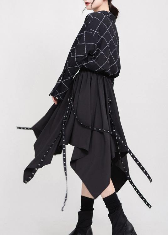 Women black cotton clothes elastic waist asymmetric Dress