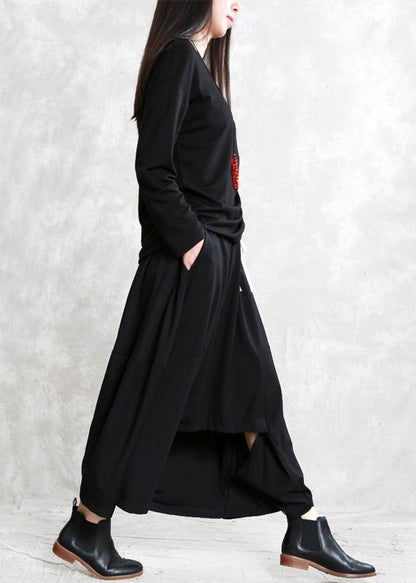 Women black cotton skirt elastic waist asymmetric skirt