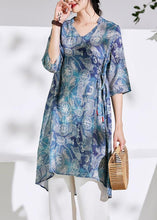 Load image into Gallery viewer, Women blue print cotton linen clothes For Women Photography v neck tie waist shirts