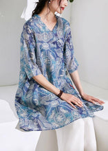 Load image into Gallery viewer, Women blue print cotton linen clothes For Women Photography v neck tie waist shirts
