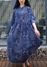 Load image into Gallery viewer, Women blue print cotton quilting clothes stand collar Extra large hem Traveling summer Dress