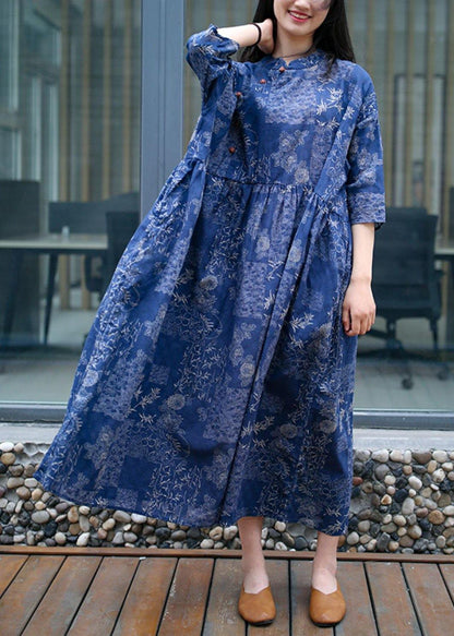 Women blue print cotton quilting clothes stand collar Extra large hem Traveling summer Dress