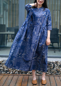 Women blue print cotton quilting clothes stand collar Extra large hem Traveling summer Dress