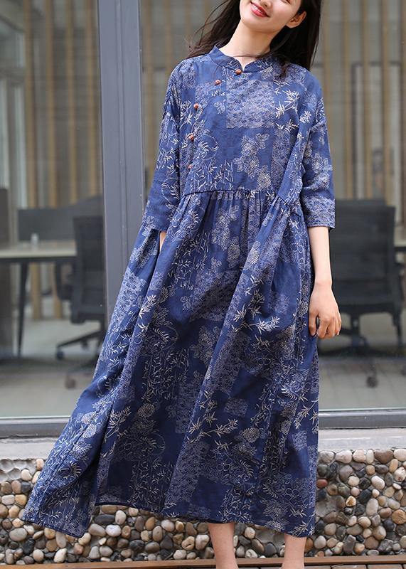 Women blue print cotton quilting clothes stand collar Extra large hem Traveling summer Dress