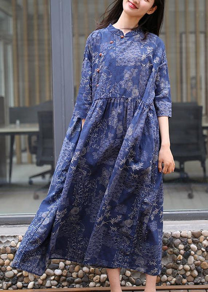 Women blue print cotton quilting clothes stand collar Extra large hem Traveling summer Dress