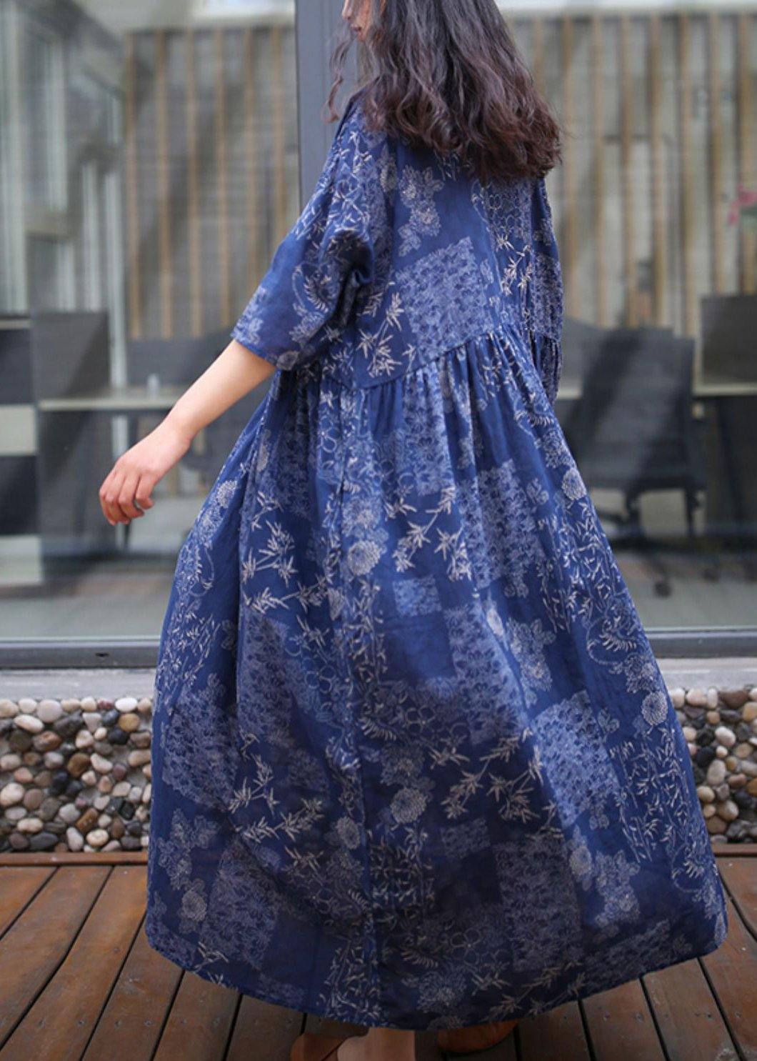 Women blue print cotton quilting clothes stand collar Extra large hem Traveling summer Dress