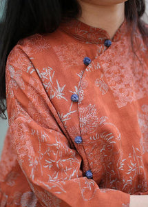 Women blue print cotton quilting clothes stand collar Extra large hem Traveling summer Dress