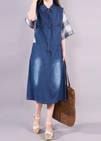 Women cotton quilting clothes Fine Plaid Spliced Denim Fake Two Piece Dress
