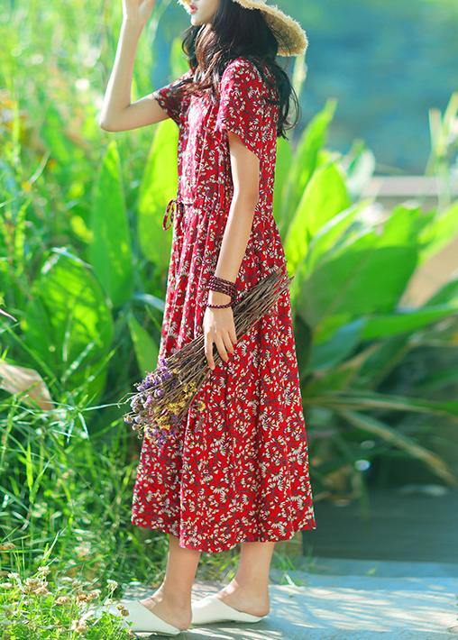 Women dark blue print cotton linen quilting clothes v neck drawstring Art summer Dress