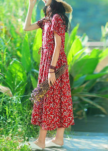 Women dark blue print cotton linen quilting clothes v neck drawstring Art summer Dress