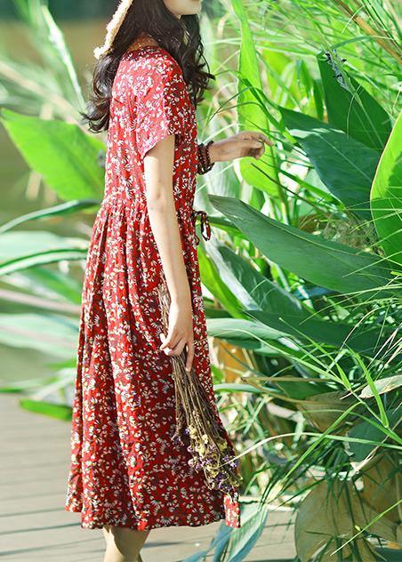 Women dark blue print cotton linen quilting clothes v neck drawstring Art summer Dress