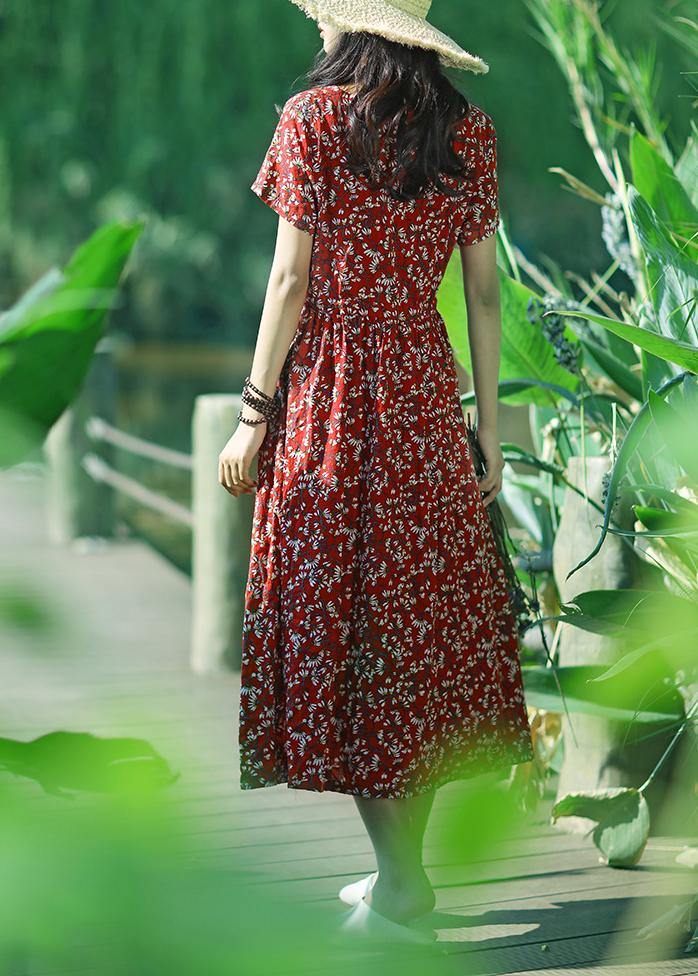 Women dark blue print cotton linen quilting clothes v neck drawstring Art summer Dress