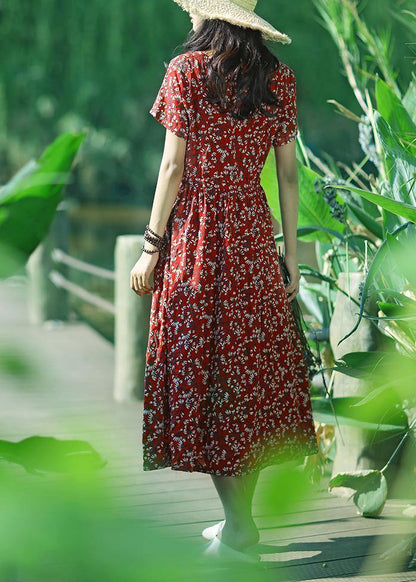 Women dark blue print cotton linen quilting clothes v neck drawstring Art summer Dress