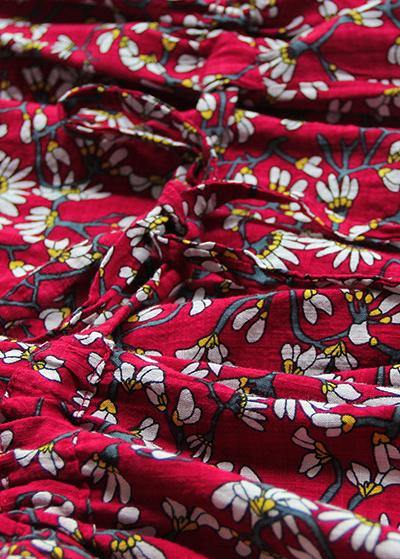 Women dark blue print cotton linen quilting clothes v neck drawstring Art summer Dress