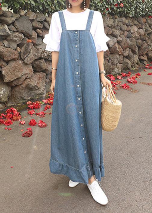 Women denim blue quilting dresses Spaghetti Strap Ruffles loose Dresses