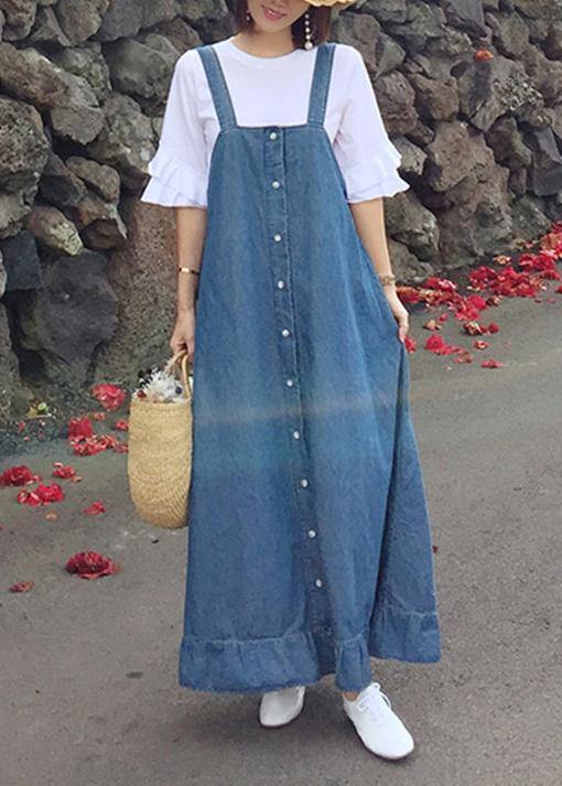 Women denim blue quilting dresses Spaghetti Strap Ruffles loose Dresses