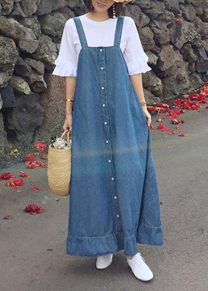 Women denim blue quilting dresses Spaghetti Strap Ruffles loose Dresses