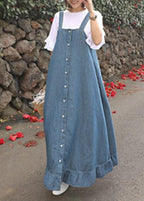 Women denim blue quilting dresses Spaghetti Strap Ruffles loose Dresses