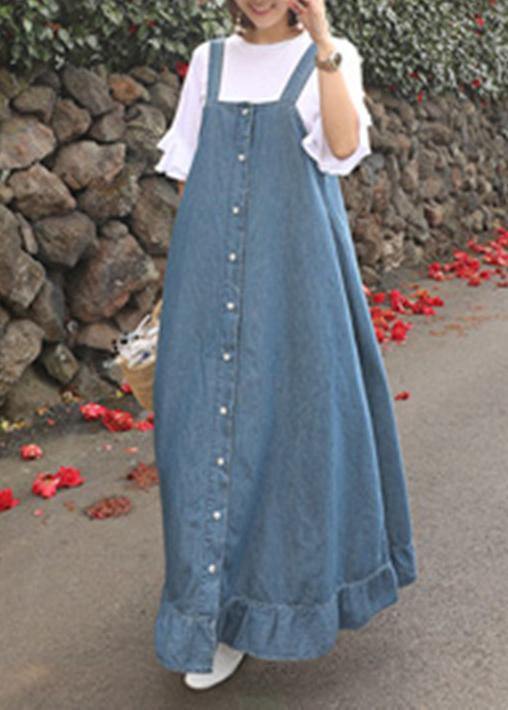 Women denim blue quilting dresses Spaghetti Strap Ruffles loose Dresses