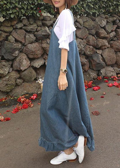 Women denim blue quilting dresses Spaghetti Strap Ruffles loose Dresses