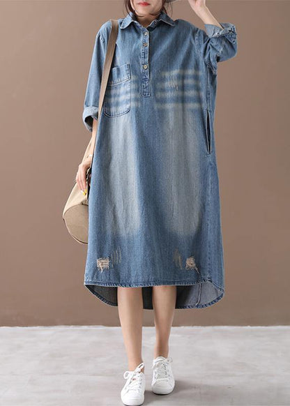 Women lapel Hole spring outfit Shape denim blue Dresses