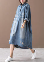 Women lapel Hole spring outfit Shape denim blue Dresses