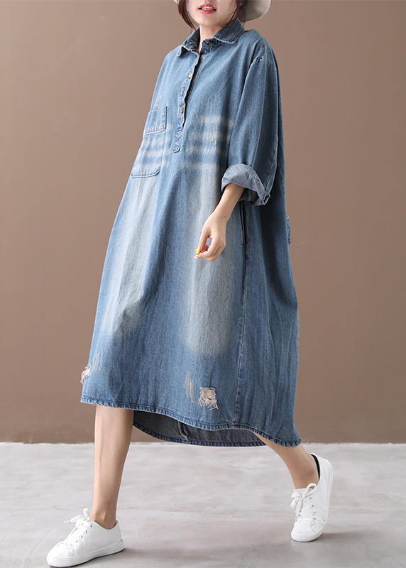Women lapel Hole spring outfit Shape denim blue Dresses