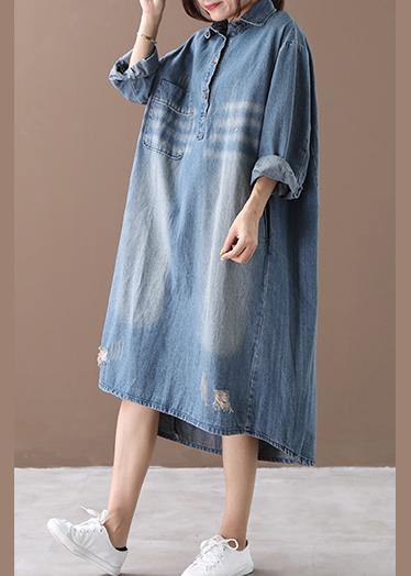Women lapel Hole spring outfit Shape denim blue Dresses