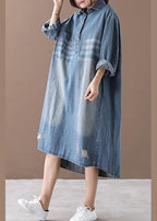 Women lapel Hole spring outfit Shape denim blue Dresses