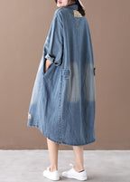 Women lapel Hole spring outfit Shape denim blue Dresses