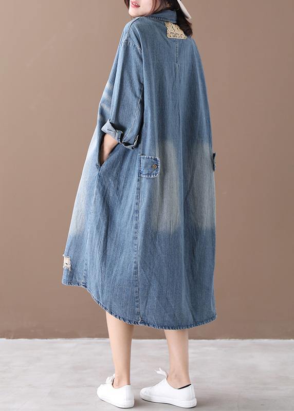 Women lapel Hole spring outfit Shape denim blue Dresses